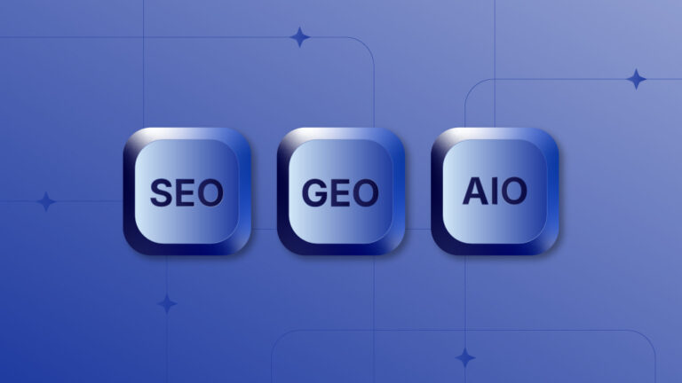 Three glossy blue rounded-square tiles labeled SEO, GEO, and AIO on a gradient blue background.