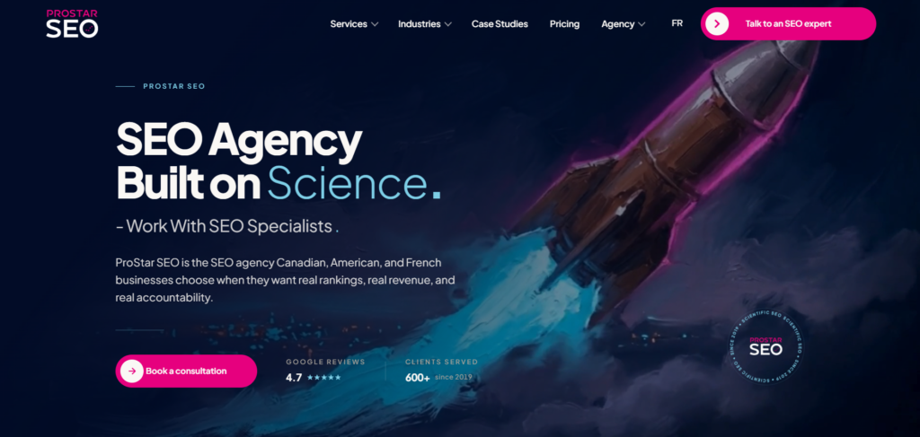 Hero banner for ProStar SEO: dark blue space background with a rocket blasting upward and headline 'SEO Agency Built on Science' on the left.
