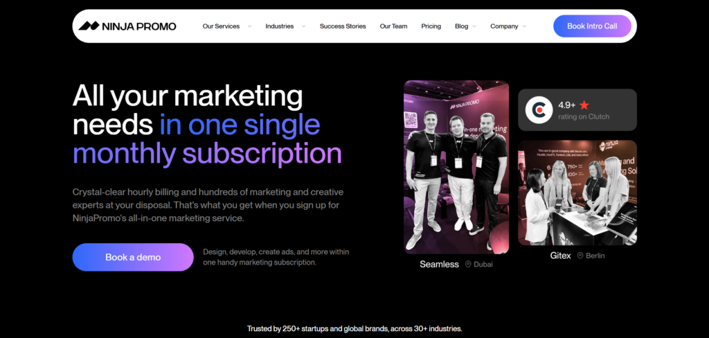 Hero banner with bold white-on-black headline about an all-in-one monthly marketing subscription and a purple gradient CTA, plus right-side photos.