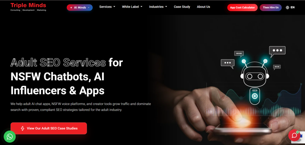 Hero banner promoting Adult SEO Services for NSFW Chatbots, with a robot illustration on the right and a red CTA button on the left side of a dark background.
