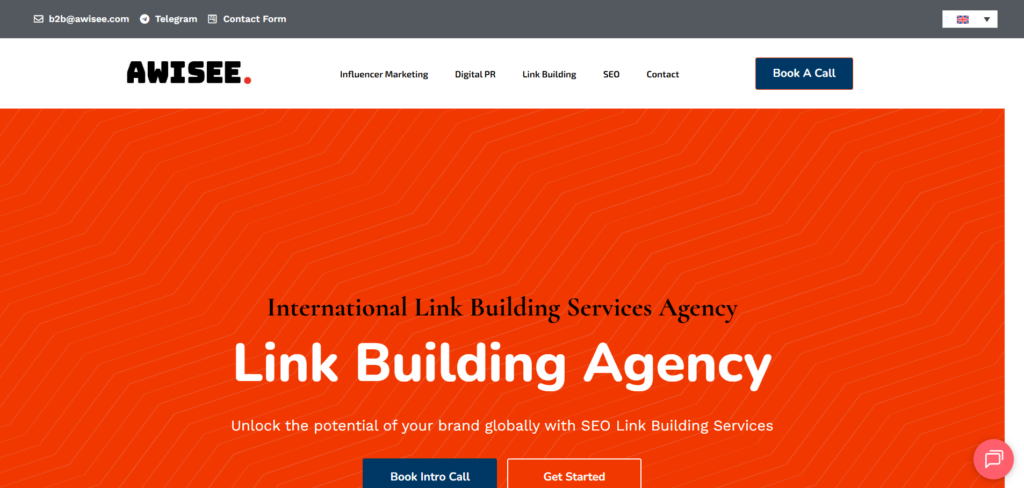 AWISEE header with logo, navigation links and a dark blue 'Book A Call' button above an orange patterned hero banner reading 'Link Building Agency'.