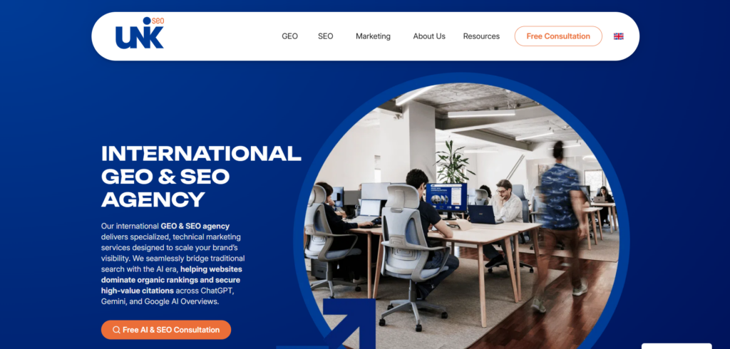 Hero section of the UNK 360 website featuring the headline 'INTERNATIONAL GEO & SEO AGENCY' alongside a circular image of people working in a modern open office.