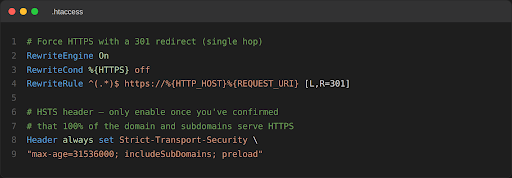 Illustrative example: a forced 301 redirect to HTTPS in an .htaccess file (Apache).